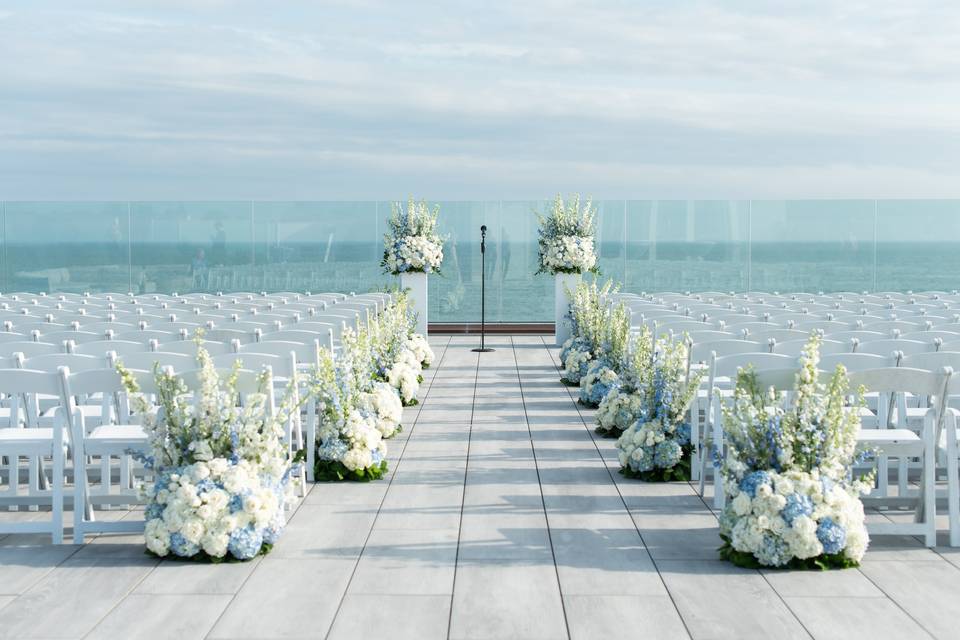 Blue and white beach ceremony