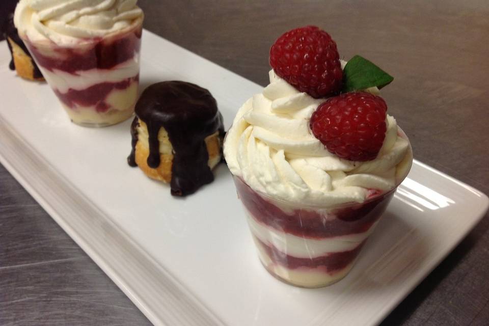 Need a Wedding Cake Alternative! Choose Chill With Our Amazing In- House Pastry Chef That Can Make The Most Sinfully Sweet Creations! Pictured here is a Red Berry Fruit Parfait (Light, Airy and Great for Summer Weddings!) And A Mini Boston Cream Pie (A Local Favorite!)