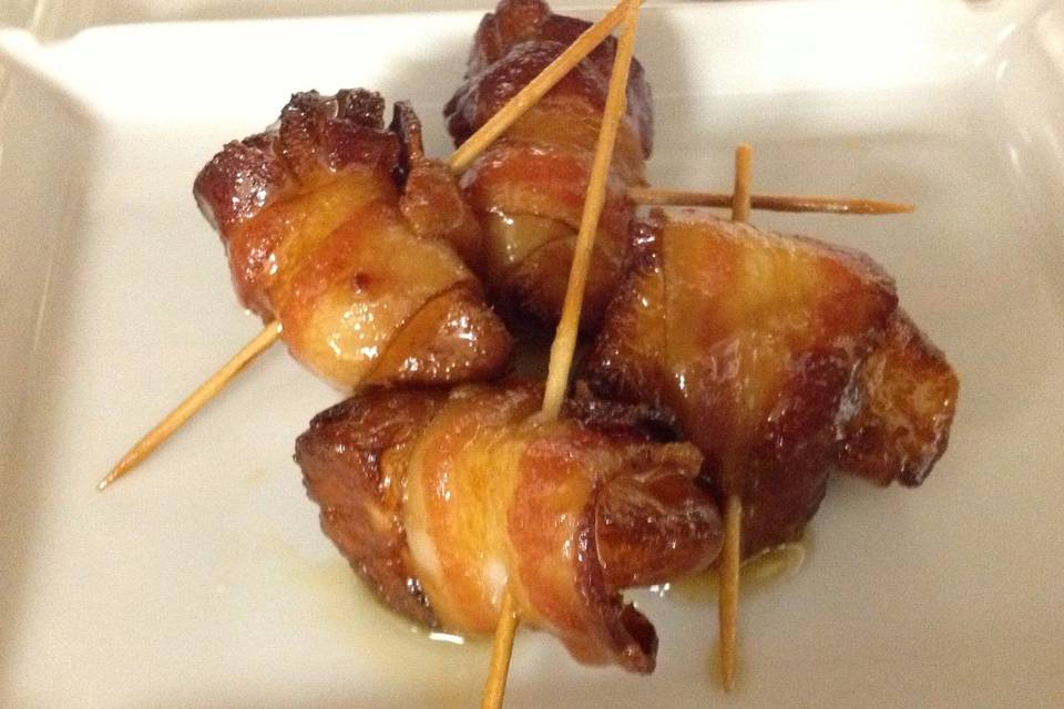Smoked Scallops Wrapped In Bacon With Maple Mustard Glaze