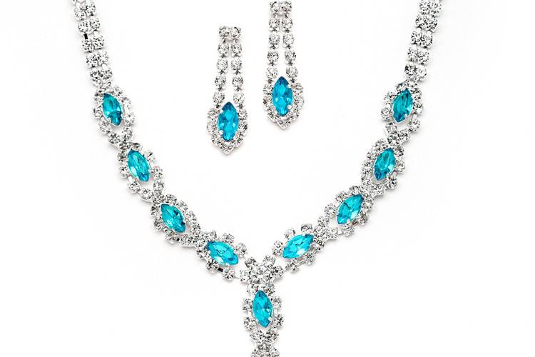 Reminiscent of fine diamond jewelry with a pop of bright aqua color, our classic prom necklace and earrings set is also wonderful for bridesmaids or pageants. The necklace is adj. 14