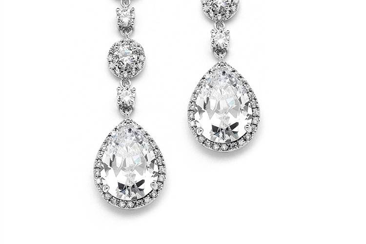 Mariell's best-selling bridal earrings feature pave framed rounds which dangle into a brilliant pear-shaped drop. This silver rhodium plated  wedding earring measures 2 1/4