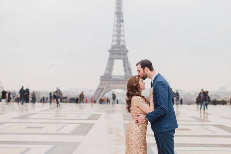 Paris Engagement Portraits with vintage inspired wedding hair and makeup by Alise. Photo courtesy of Courtney Bowlden Photography