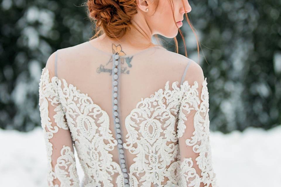 Braided boho updo for winter elopement, published on the Cake and Lace Blog! Photo courtesy of Pearl Photography by Elena