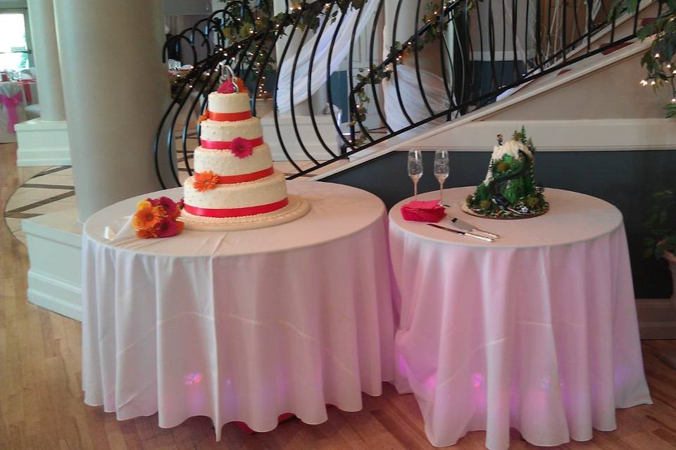 White table setup with a touch of pink