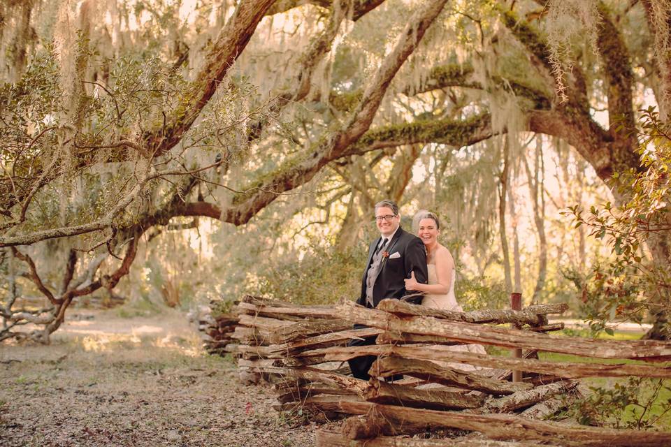 Newlywed couple in the setting sunshine