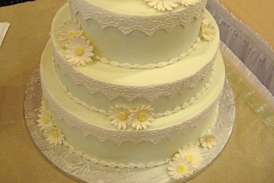 Vintage Country Lace Wedding Cake.  Pale mint green with white lace and daisies.