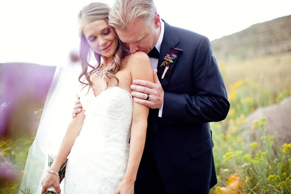 Intimate moment between bride and groom