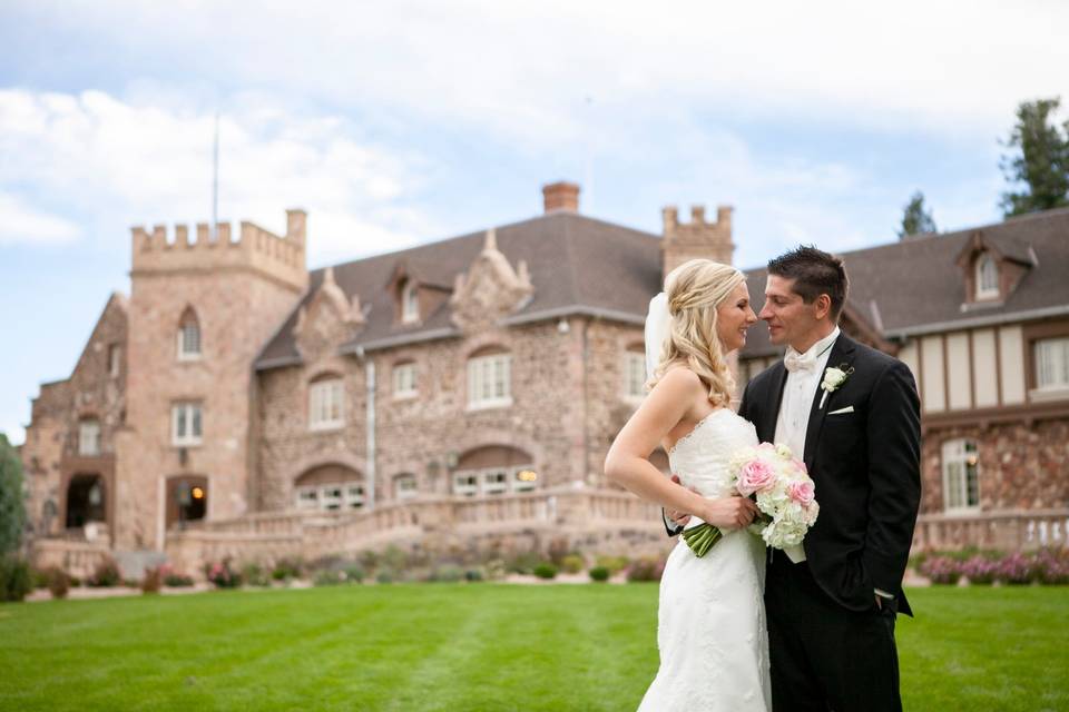 Bride and groom outside venue