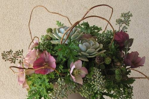 Garden style centerpiece with lavender hellebores, Amnesia roses, blackberries, Echeveria ‘Lucita’, seeded eucalyptus, scented geranium, and curly willow in a brown clay pot