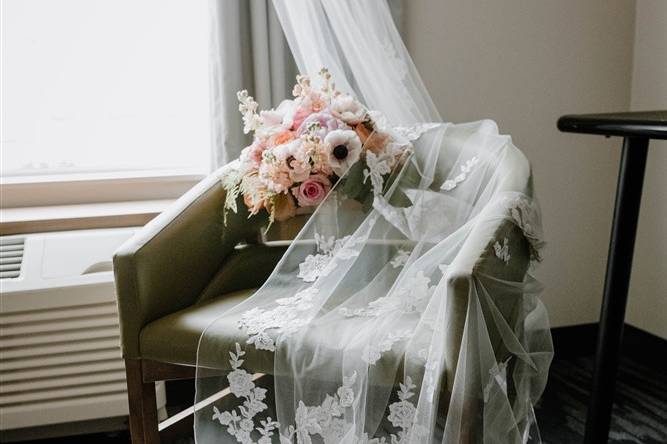 Wedding veil and florals