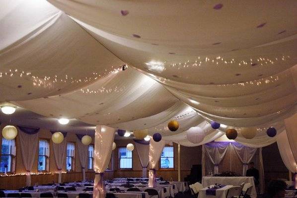 The reception area. Swags of chiffon above the dance floor. Designed and decorated by myself (with help from friends)