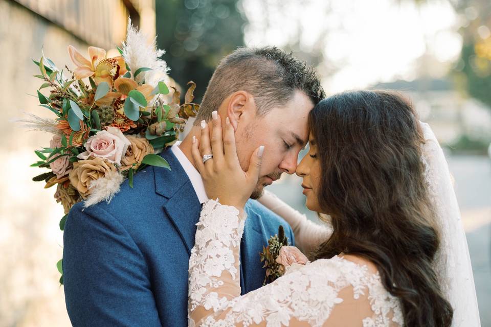 Newlyweds and bouquet