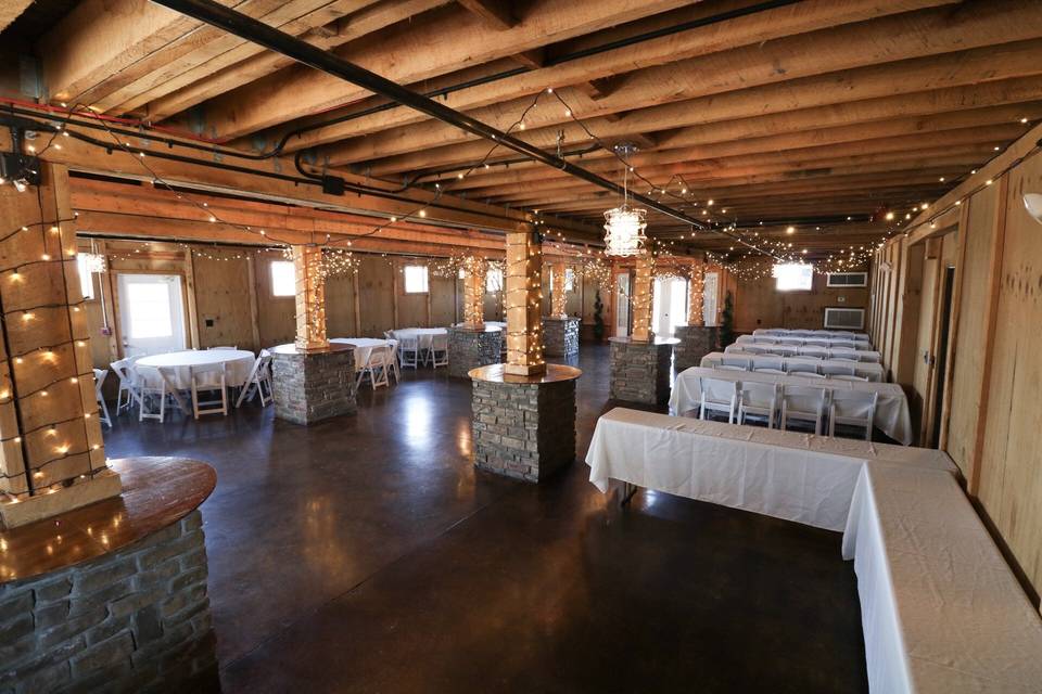 Buffet tables and fairy lights