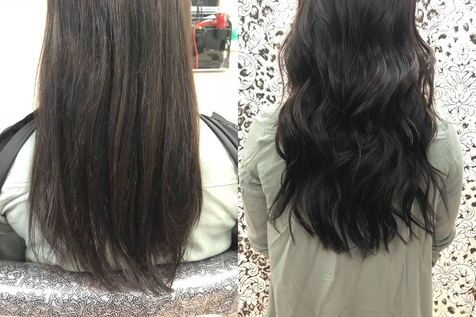 Before and after extensions, added a few inches in length and added fullness