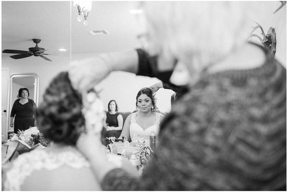 Bride getting hair done