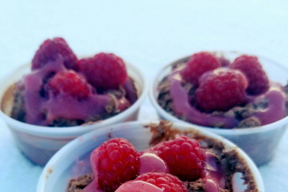 Scratch chocolate mousse with raspberries and syrup drizzle.