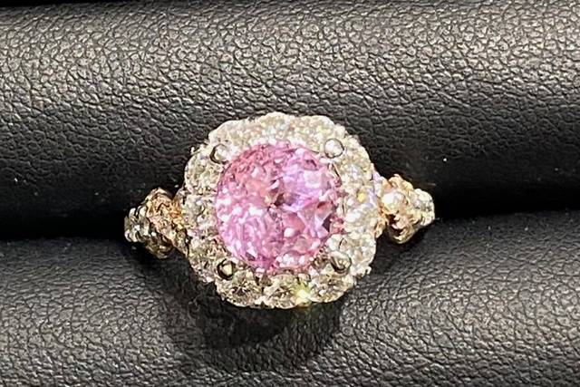 Pink sapphire, diamond halo