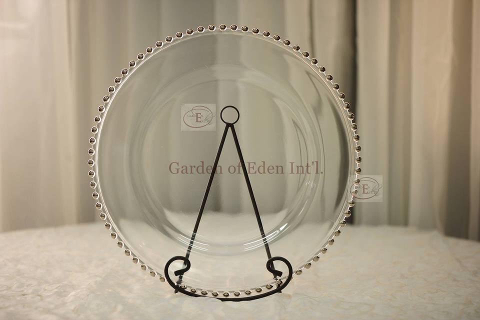 Silver Beaded Glass Plate Charger - Available at Garden of Eden Int'l. for Rental.