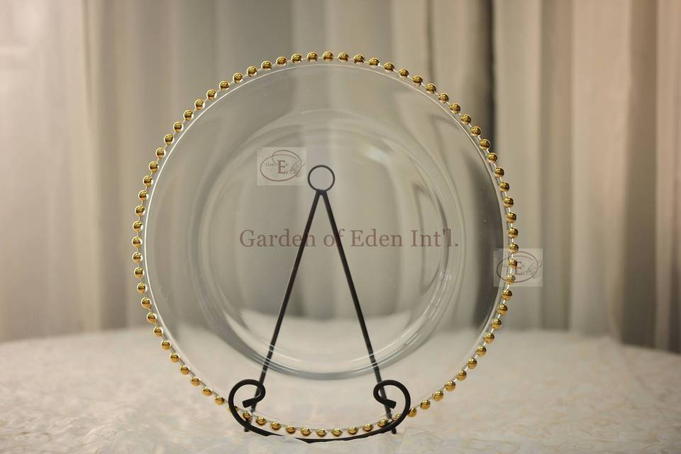 Gold Beaded Glass Plate Chargers - Available at Garden of Eden Int'l. for rental.