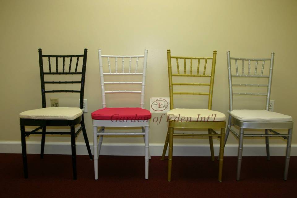 Chiavari Chairs.Elegant Gold, Platinum Silver, White and Maroon/Blackish Chiavari Chairs - Available at Garden of Eden Int'l for Rental. Choice of Ivory, Fuchsia and White Cushions