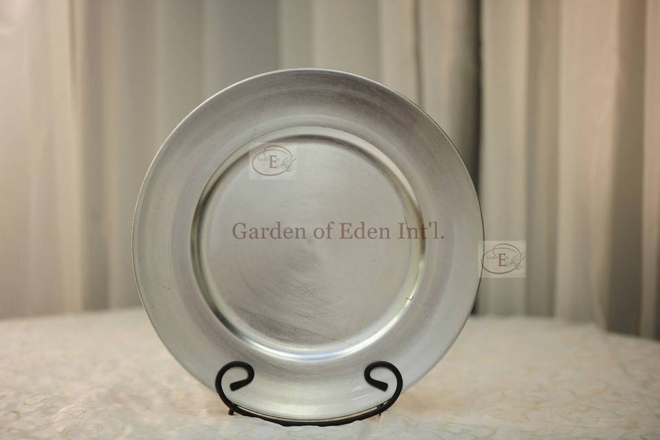 Platinum Silver Acrylic Plate Charger - Available at Garden of Eden Int'l. for rental.