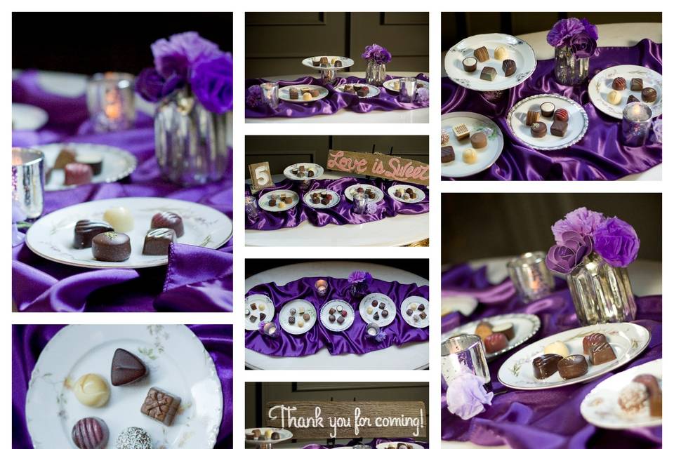 Truffle Buffet featuring plated truffles on vintage dessert plates. Perfect for family style service or individual plates for your guests!