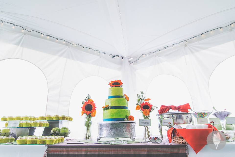 Apple themed wedding featuring a dessert buffet including: Vanilla bean cupcakes filled with white chocolate ganache and a fondant apple decoration, a hand painted 3 tiered wedding cake, and a 