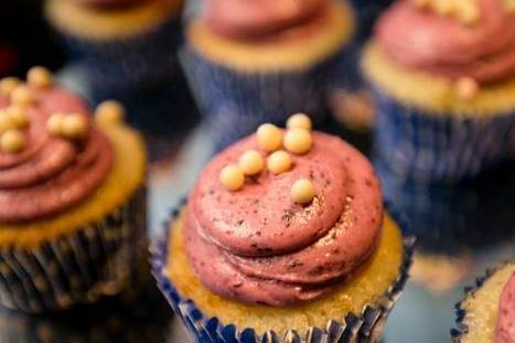 Cupcakes: Lemon zest cake with Blueberry Buttercream and White Chocolate Crispy Pearls
