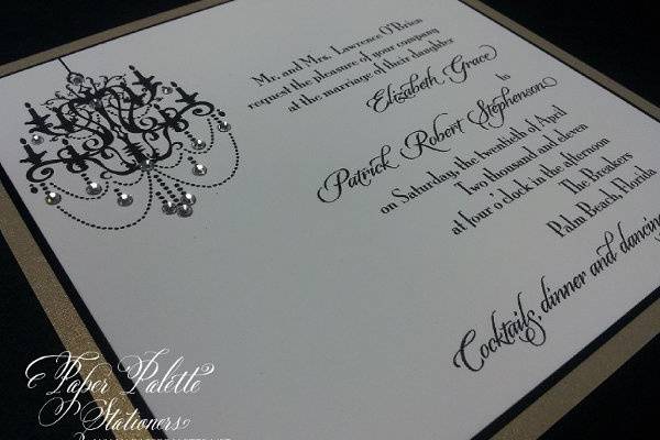 Elizabeth and Patrick - 3-layer crystal chandelier invitation.  Printed on Crane's Lettra cotton letterpress paper.