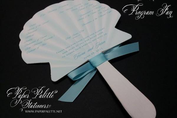 Fiona & Jason - Shell-shaped fan ceremony program with ceremony and wedding party information and satin bow.