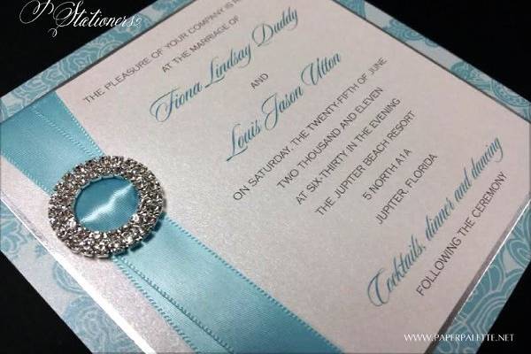 Fiona and Jason - Envelopments 3-layer invitation with satin crossed ribbons and double-row rhinestone buckle.