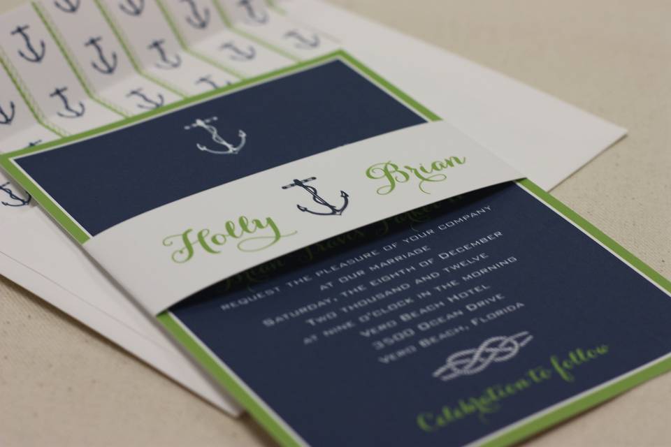 Holly & Brian - custom design, printed on our exclusive heavyweight linen cardstock with rope and anchor pattern envelope liners.
