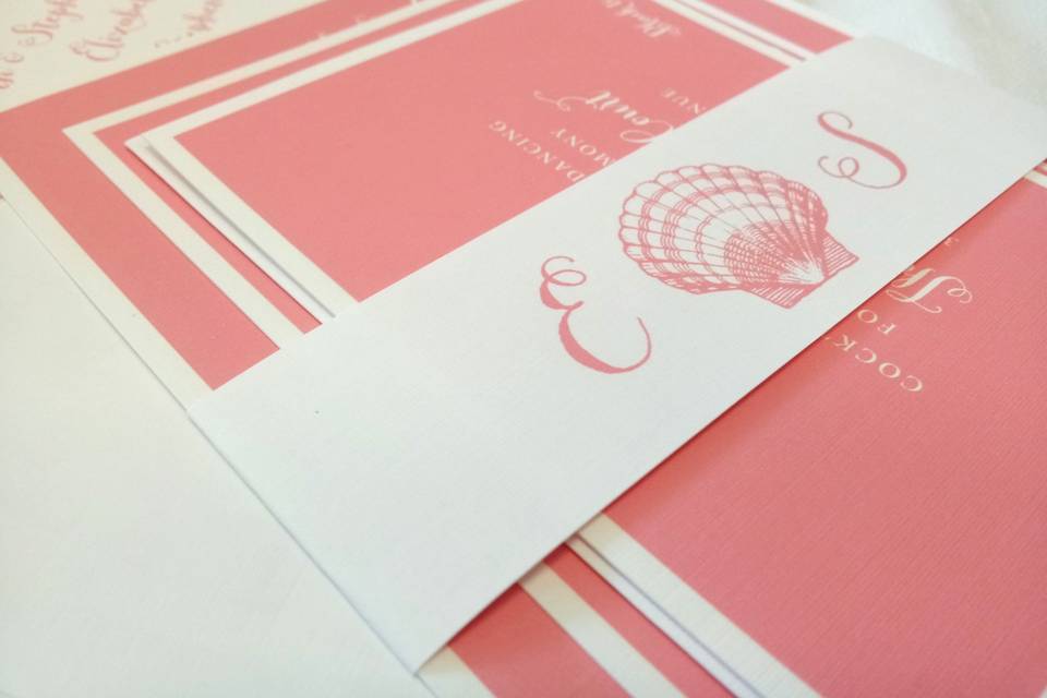 Elizabeth & Stephen - custom design, printed on our exclusive heavyweight linen cardstock with monogrammed  band and personalized name pattern envelope liners.