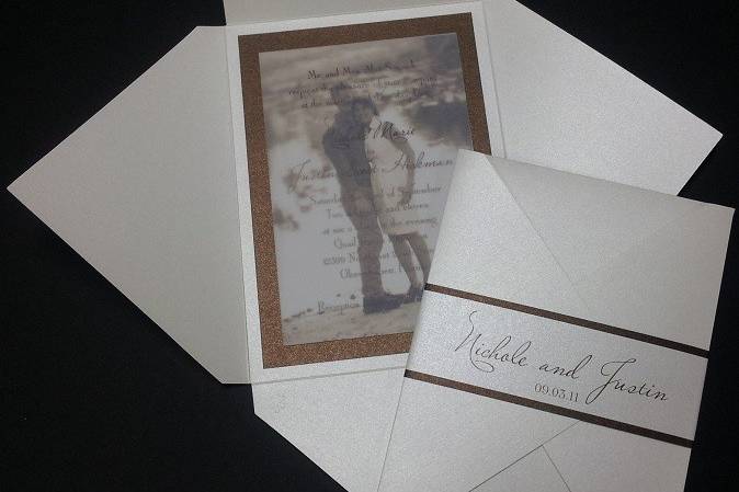Nichole & Justin - Envelopments Envelofold enclosure with photo, vellum overlay and coordinating 2-layer personalized band.