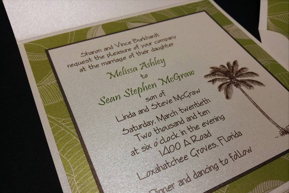 Melissa & Sean - Envelopments pocket folder invitation with 3 layers inside and coconut palm detail.