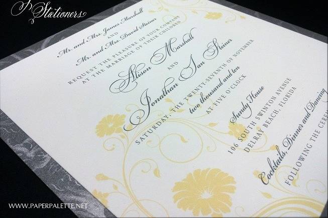 Alison & Jonathan - Envelopments 2-layer invitation with mixed lettering styles and floral swirl detail.  Printed on Crane's Lettra cotton letterpress paper.