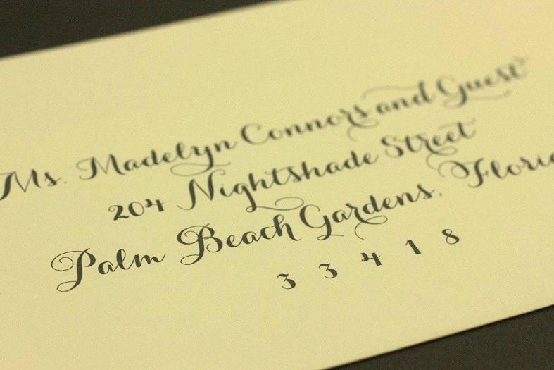 Add the finishing touch to your envelopes with our beautiful computerized calligraphy.{Carolyna Black}