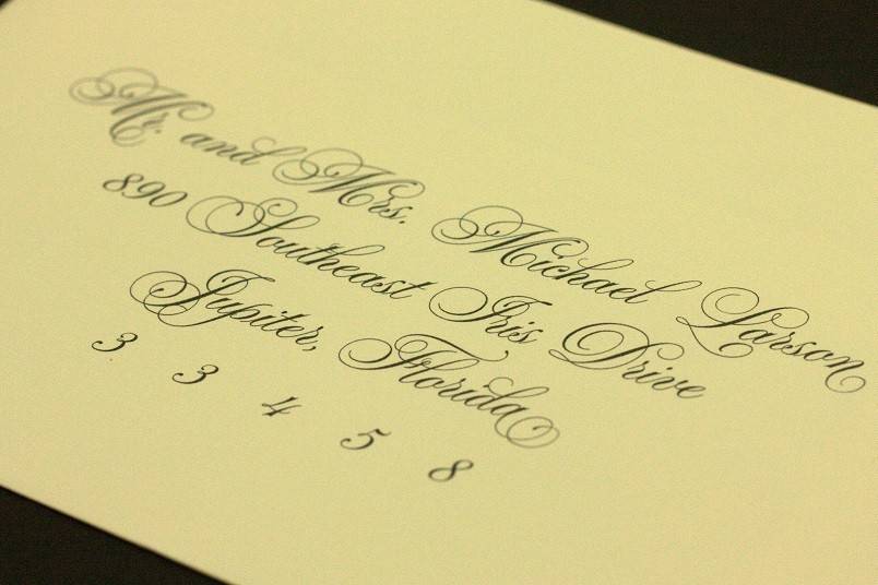 Add the finishing touch to your envelopes with our beautiful computerized calligraphy.{Parfumerie Script}