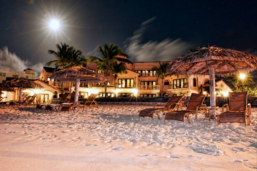 An evening shot of the Frangipani Beach Resort on Meads Bay, Anguilla.