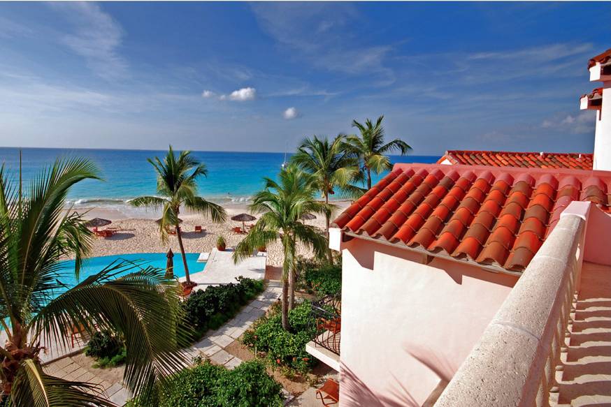 View from an upper deck of the Frangipani Beach Resort, located on Meads Bay in Anguilla, BWI.