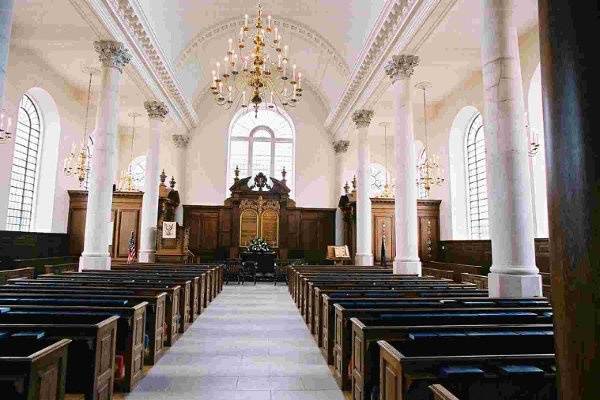 This is the inside of the Church of St. Mary's. Everything is a replica of what the Church looked like before it was bombed during the Blitz in 1940. There are 12 pews on each side, with 6 pews facing in on each side. Total of 36 pews.