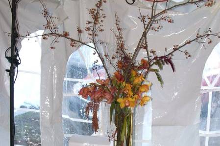 Escort card table with curly willow and floral accents.