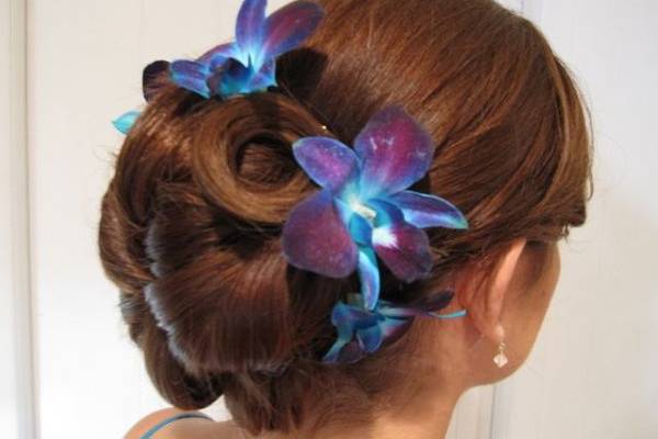 another beautiful updo (yes, those are real blue orchids!)