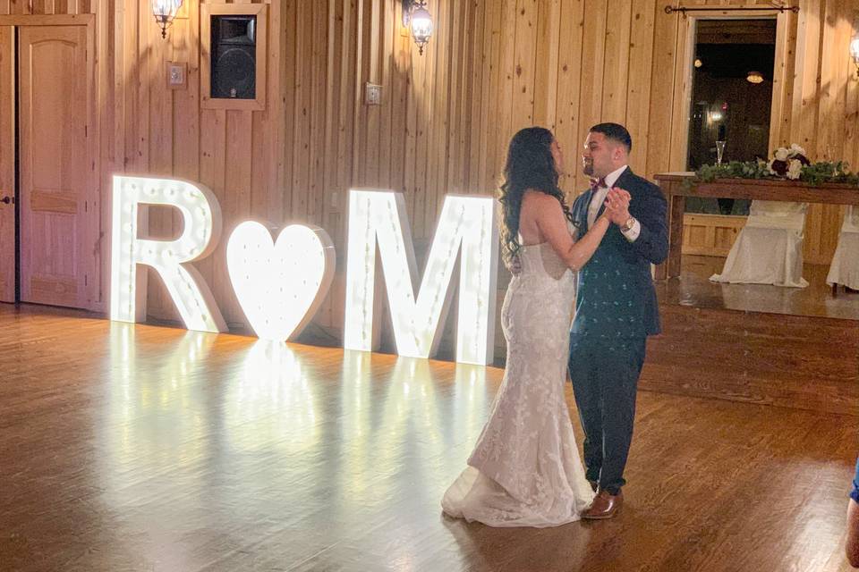 Marquee lettering by dance floor