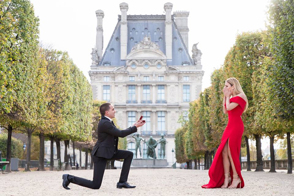 Paris Photographer: the number 1 proposal photographer in Paris. Surprise Paris proposal at the Tuileries Gardens with Louvre Museum view
