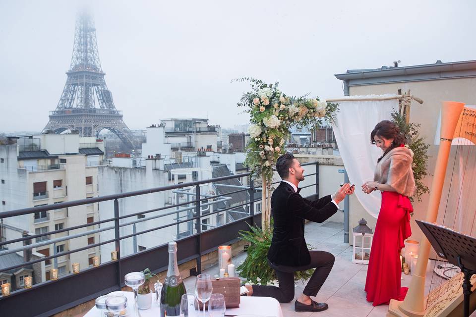 Paris Photographer: the number 1 proposal photographer in Paris. Surprise Paris proposal at the Shangri La Palace Hotel on the rooftop overlooking the Eiffel Tower