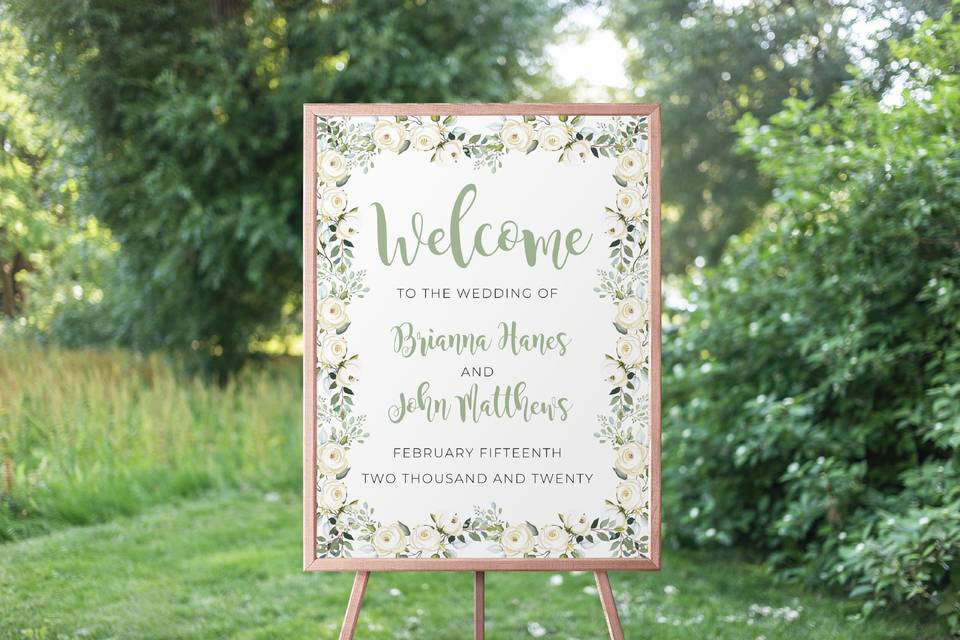 White rose + greenery sign