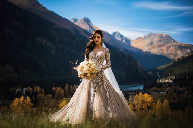 Bride standing next to a mount