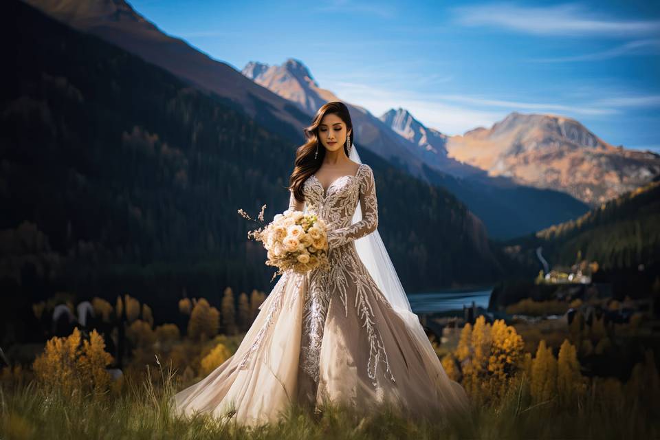 Bride standing next to a mount