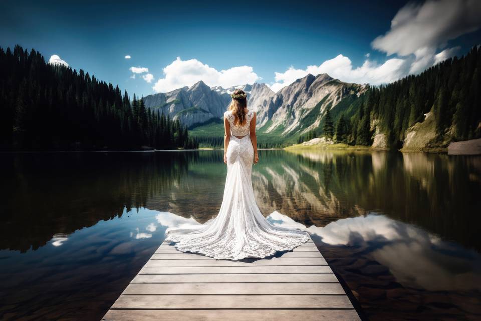 Bride standing by a lake
